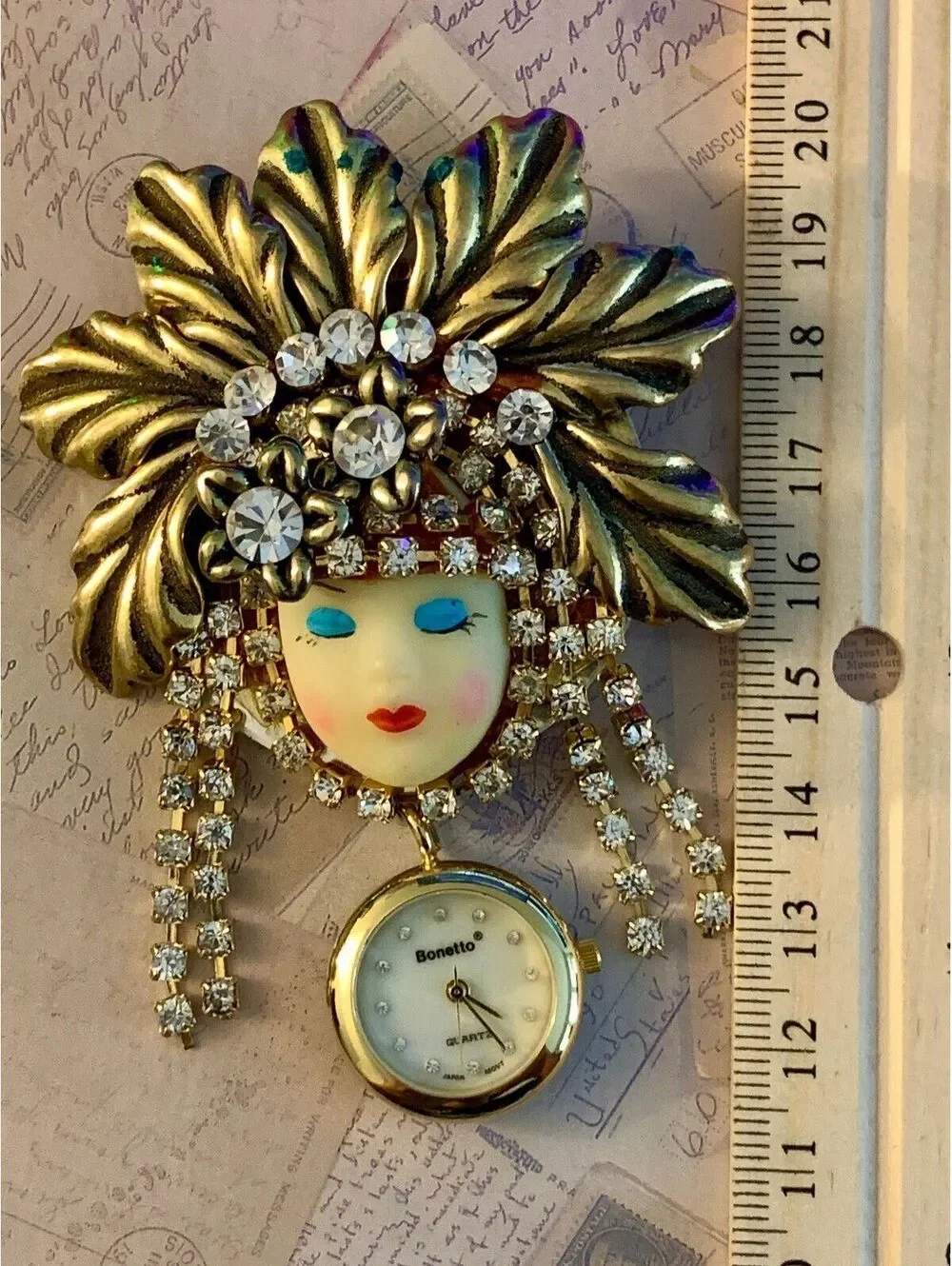 Vintage Bonetto Quartz Watch Brooch Painted Face Rhinestone Statement Pin